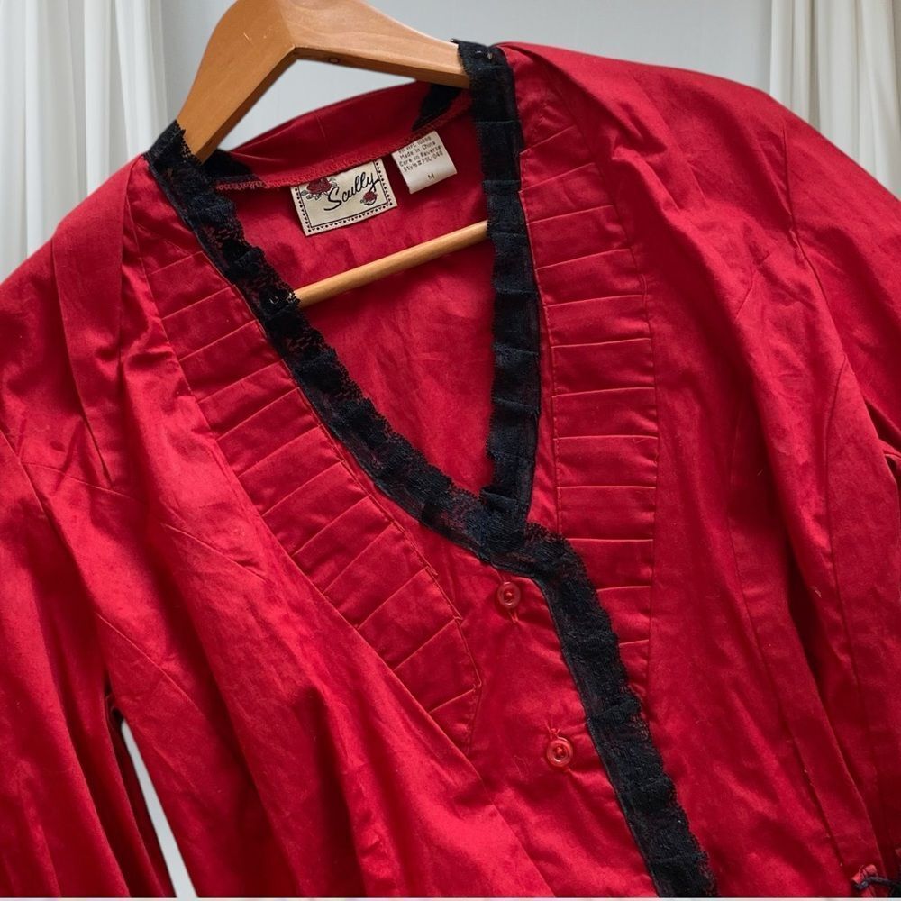 SCULLY Shirt Corset NWT Blouse Marion Ruffle Button Up Stretch Red Black Size M - Picture 7 of 14